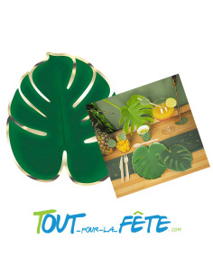 Lot de 16 serviettes en papier feuille tropicale vert et or 30x33 cm 2