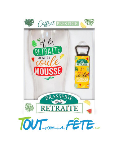 Coffret verre a bière "a la retraite on se la colle mousse" ( verre + décapsuleur )