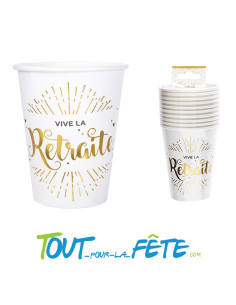 Lot de 10 gobelets en carton 27cl "vive la retraite" or et blancs 2