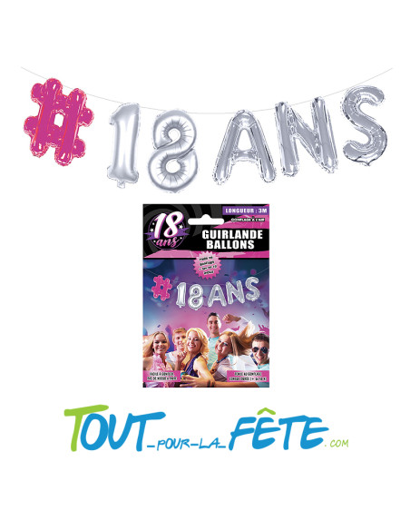 Guirlande de ballons aluminium 18 ans rose et argent (fil et paille incluses)