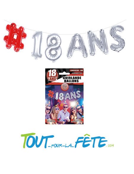 Guirlande de ballons aluminium 18 ans rouge et argent (fil et paille incluses)