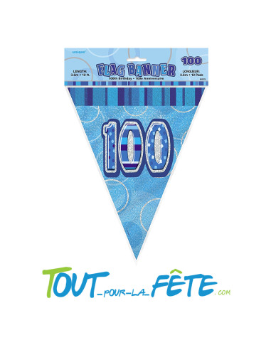 Guirlande fanions triangulaire 100 ans bleu, rose ou multicolore 3.60m