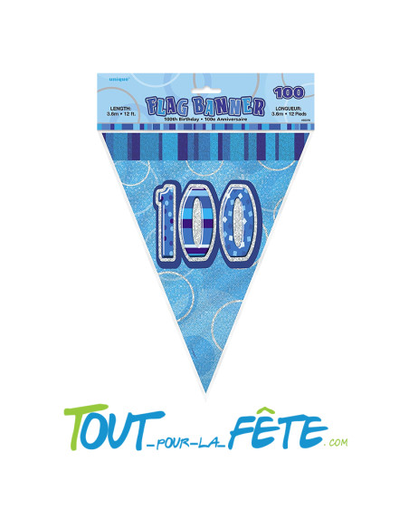 Guirlande fanions triangulaire 100 ans bleu, rose ou multicolore 3.60m