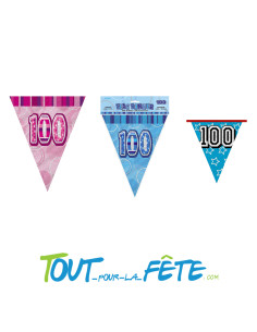Guirlande fanions triangulaire 100 ans bleu, rose ou multicolore 3.60m