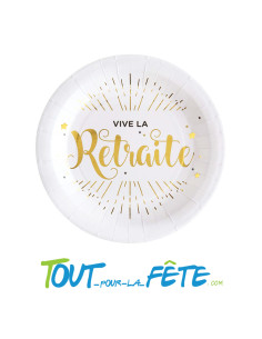 Lot de 10 assiettes en carton 23cm "vive la retraite" blanches et dorées