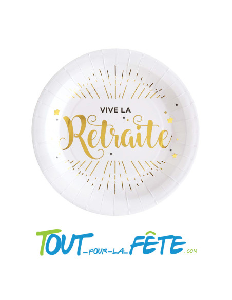 Lot de 10 assiettes en carton 23cm "vive la retraite" blanches et dorées