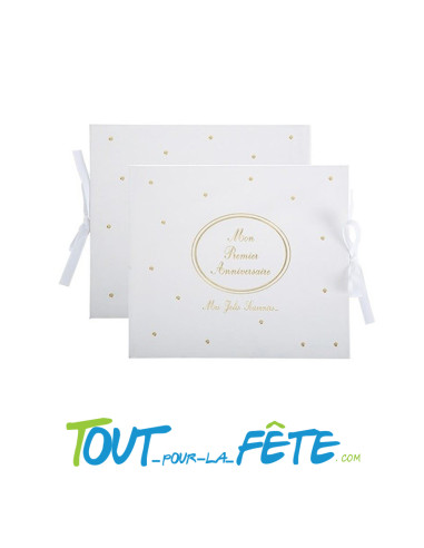 Livre d'or " mon premier anniversaire " blanc à pois dorés 22cm x 19cm