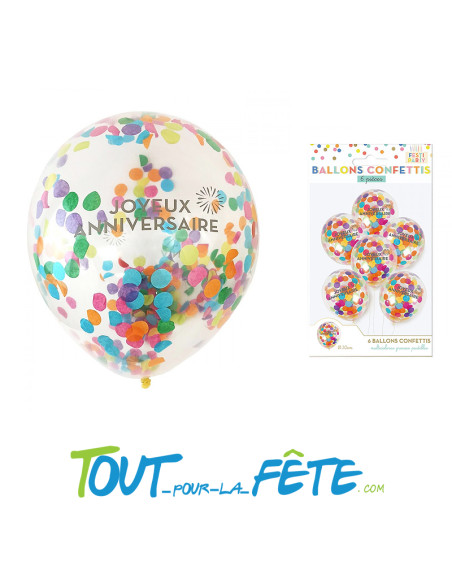 6 ballons en latex transparents confettis multicolore joyeux anniversaire 30 cm