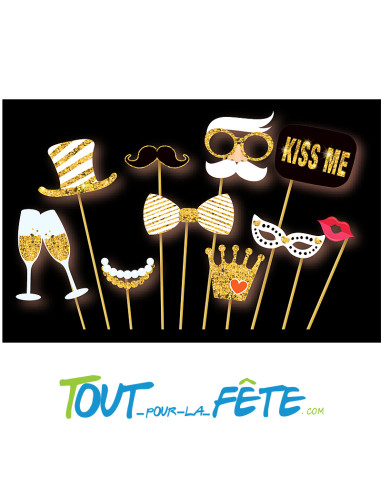 Kit pour photobooth vintage 10 accessoires sur tige noir, or, blanc, rouge