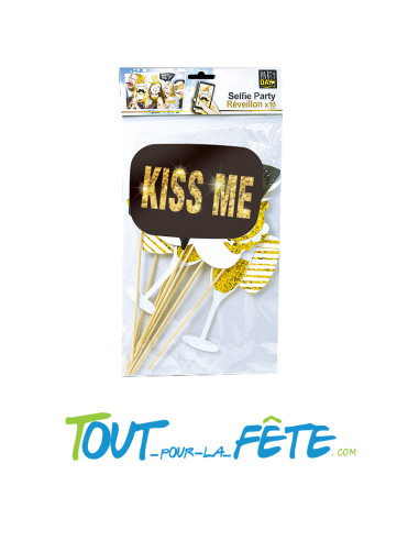 Kit pour photobooth vintage 10 accessoires sur tige noir, or, blanc, rouge