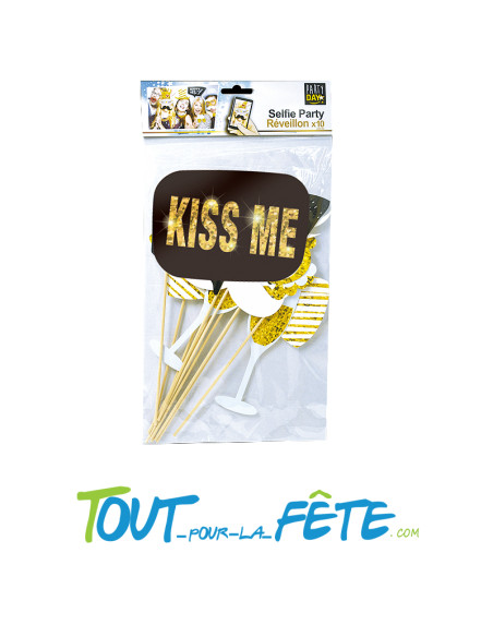 Kit pour photobooth vintage 10 accessoires sur tige noir, or, blanc, rouge