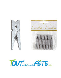 Lot de 24 mini pinces 2,5cm en bois métallisées couleur argent 2