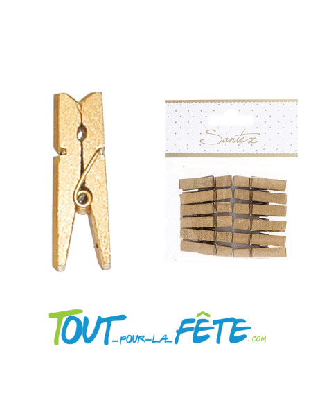 Lot de 12 pinces 3.5cm en bois métallisées couleur or