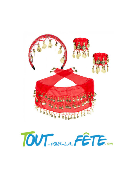 Set danseuse orientale  1 bandeau, 2 bracelet, 1 ceinture rouge et or