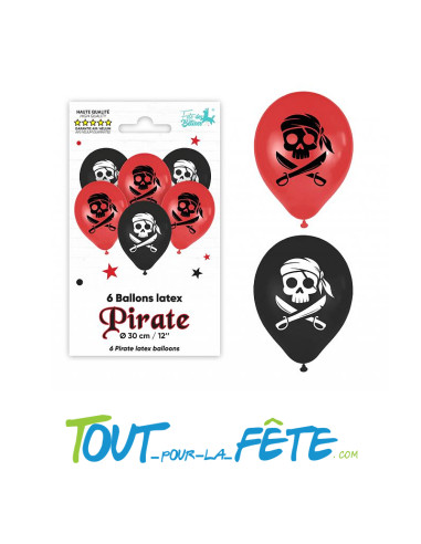 Lot de 6 ballons en latex pirate rouge et noir 30 cm compatible air / hélium