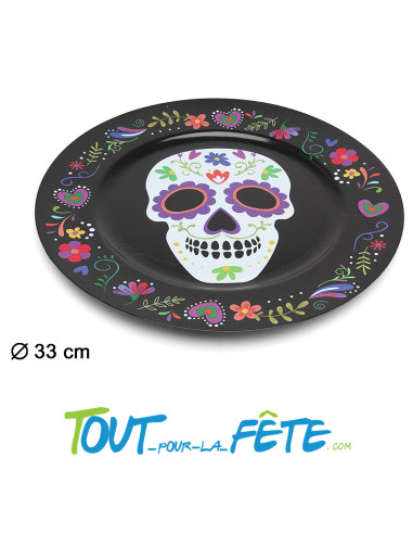 Assiette ronde 33cm noir avec crane dia los muertos multicolore ( Halloween )