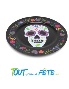 Assiette ronde 33cm noir avec crane dia los muertos multicolore ( Halloween ) 2