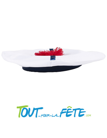 Chapeau / béret de marin blanc et bleu avec pompon rouge taille adulte
