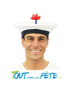 Chapeau / béret de marin blanc et bleu avec pompon rouge taille adulte