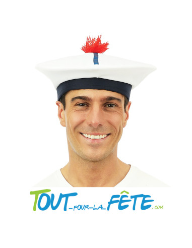 Chapeau / béret de marin blanc et bleu avec pompon rouge taille adulte