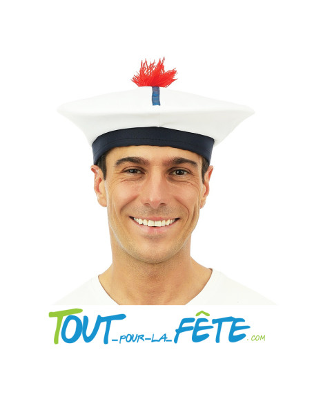Chapeau / béret de marin blanc et bleu avec pompon rouge taille adulte