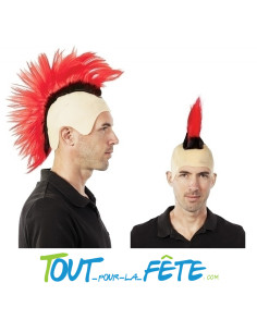 Perruque de punk avec faux crane chauve et crête rouge et noir adulte