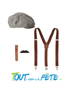 Set de déguisement année 20 / gatsby ( casquette - bretelles - moustache - cigare ) taille unique