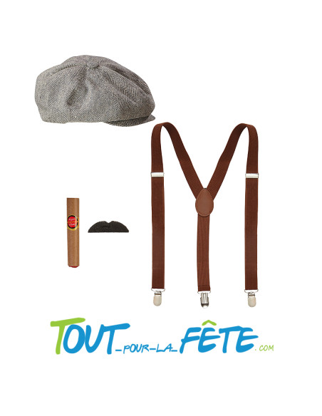 Set de déguisement année 20 / gatsby ( casquette - bretelles - moustache - cigare ) taille unique