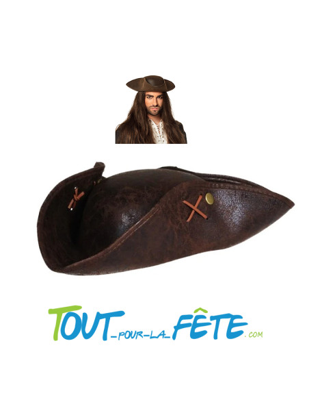 Chapeau tricorne de pirate imitation cuir marron luxe taille adulte