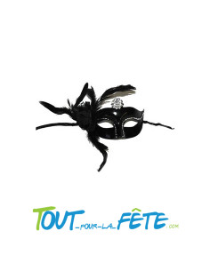 Masque / loup noir et argent avec fleur et plume noir et strasse argent