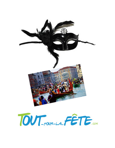Masque / loup noir et argent avec fleur et plume noir et strasse argent