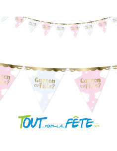Guirlande de fanions en carton gender reveal / baby shower "fille ou garcon" bleu - rose - doré 3m