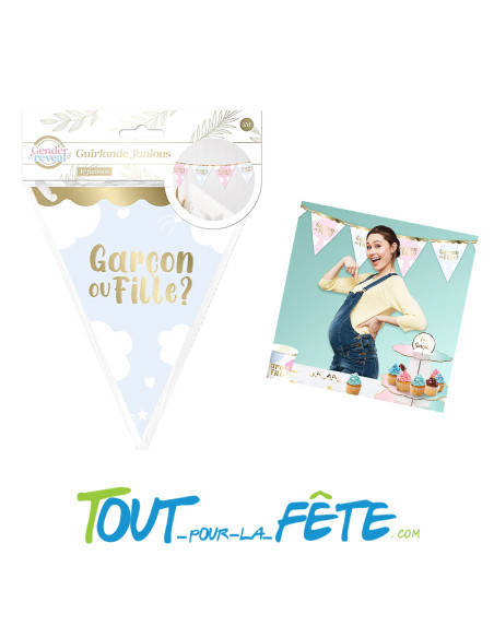 Guirlande de fanions en carton gender reveal / baby shower "fille ou garcon" bleu - rose - doré 3m