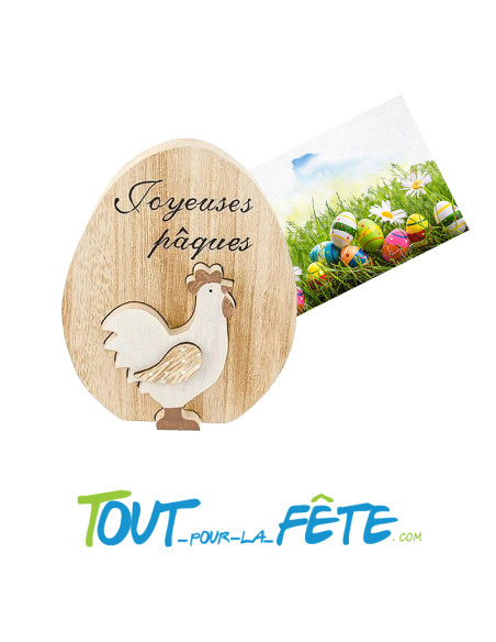 Oeuf de paques en bois "joyeuses Paques" avec poule démontable 13cm x 17cm