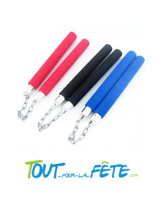 Arme de ninja nunchaku métal et mousse rouge, bleu, noir 28 cm accessoire