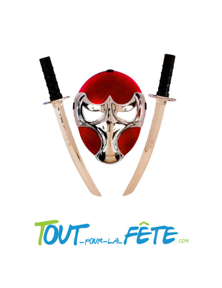 Set d'accessoire de ninja luxe masque et 2 épées rouge et argent enfant
