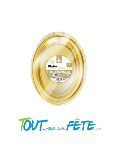 Lot de 3 plateaux ovales en plastique réutilisables couleur doré 30 x 23cm