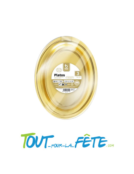 Lot de 3 plateaux ovales en plastique réutilisables couleur doré 30 x 23cm