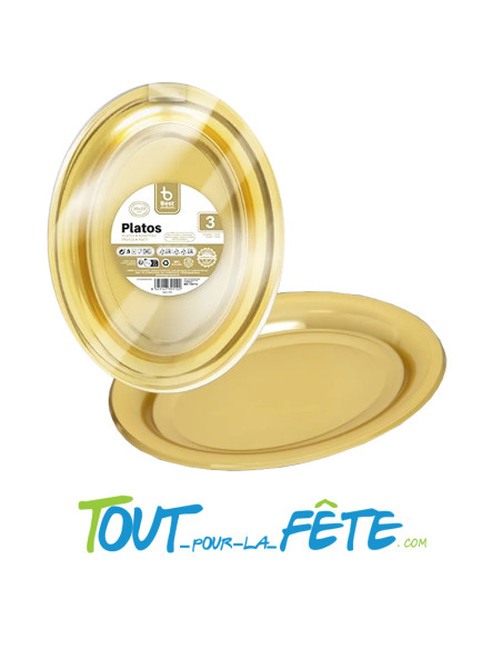 Lot de 3 plateaux ovales en plastique réutilisables couleur doré 30 x 23cm