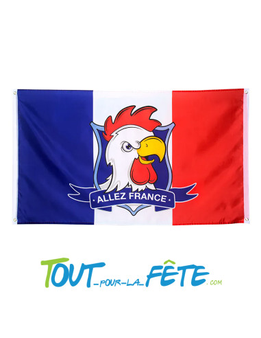 Drapeau français bleu blanc rouge coq sportif "Allez France" 150cm x 90cm avec 4 œillets