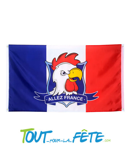 Drapeau français bleu blanc rouge coq sportif "Allez France" 150cm x 90cm avec 4 œillets