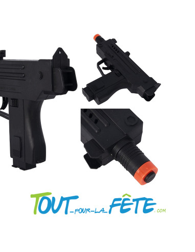 Mini pistolet mitrailleur uzi à silex 18 cm noir accessoire déguisement policier, arme