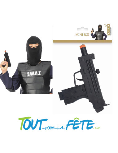 Mini pistolet mitrailleur uzi à silex 18 cm noir accessoire déguisement policier, arme