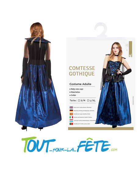 Déguisement de comtesse gothique bleu et noir pour femme 3 pièces