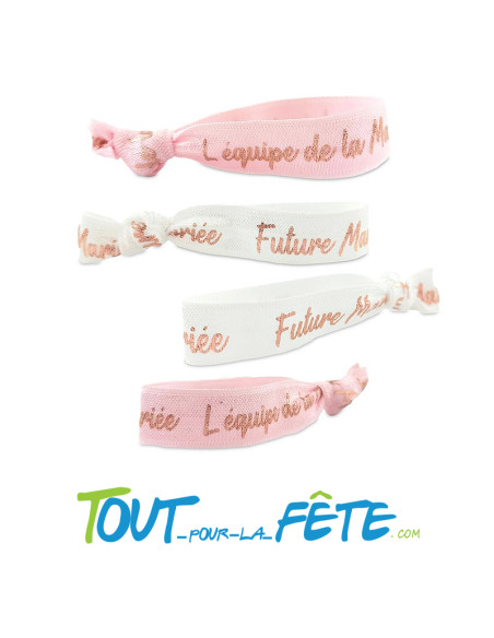 Set de 5 bracelets en tissus équipe de la mariée roses et 1 bracelet future mariée blanc