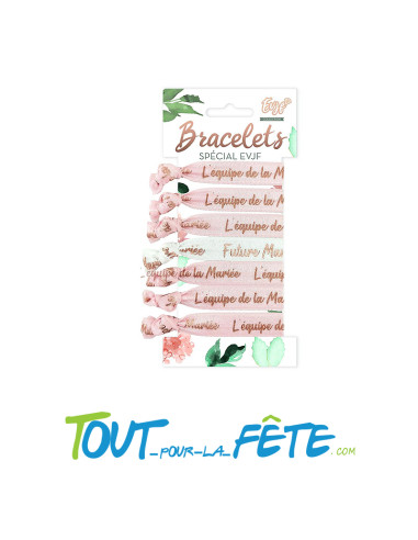 Set de 5 bracelets en tissus équipe de la mariée roses et 1 bracelet future mariée blanc