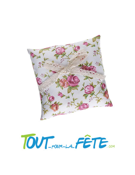 Coussin pour alliance en coton motif floral avec noeud 16x16 cm mariage