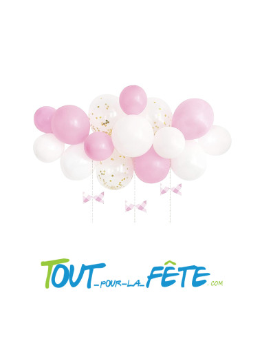 Kit arche à 15 ballons rose bonbon, Blanc et confettis Or pour décoration anniversaire