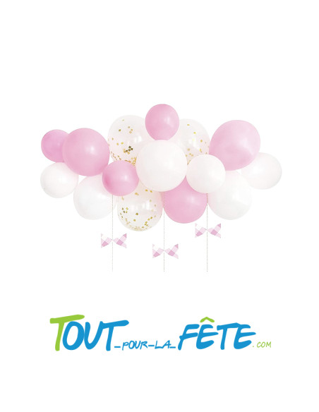 Kit arche à 15 ballons rose bonbon, Blanc et confettis Or pour décoration anniversaire