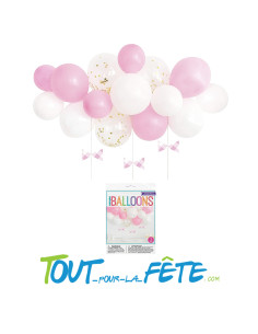 Kit arche à 15 ballons rose bonbon, Blanc et confettis Or pour décoration anniversaire 2